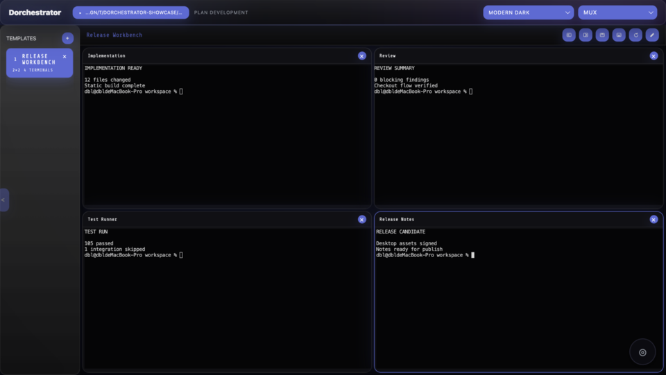 Dorchestrator Mux workspace with multiple agent terminals