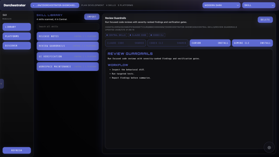 Dorchestrator Skill library with reusable agent capabilities and platform installs