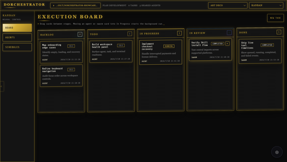 Dorchestrator Kanban workspace using the black and gold Art Deco theme
