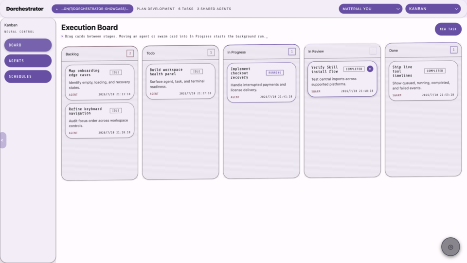 Dorchestrator Kanban workspace using the bright Material You theme